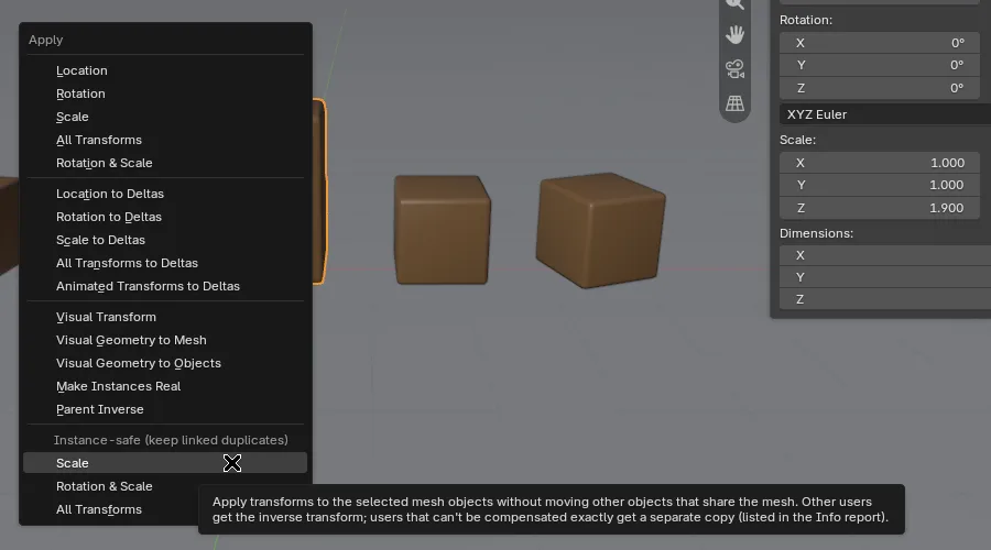 Object, Apply menu with the Instance-safe section