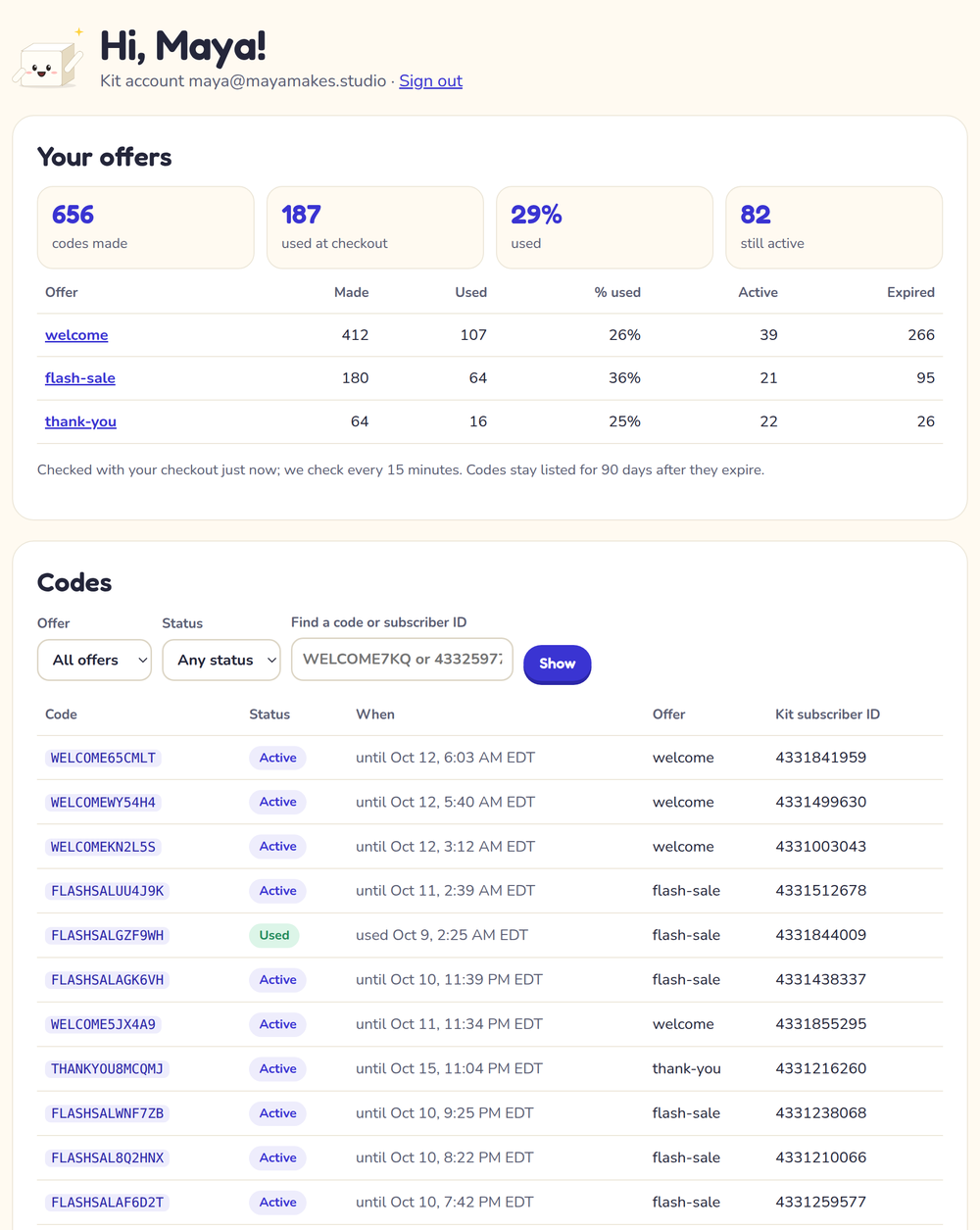 The Expiring Codes settings page: offers with codes made and used, and the codes list