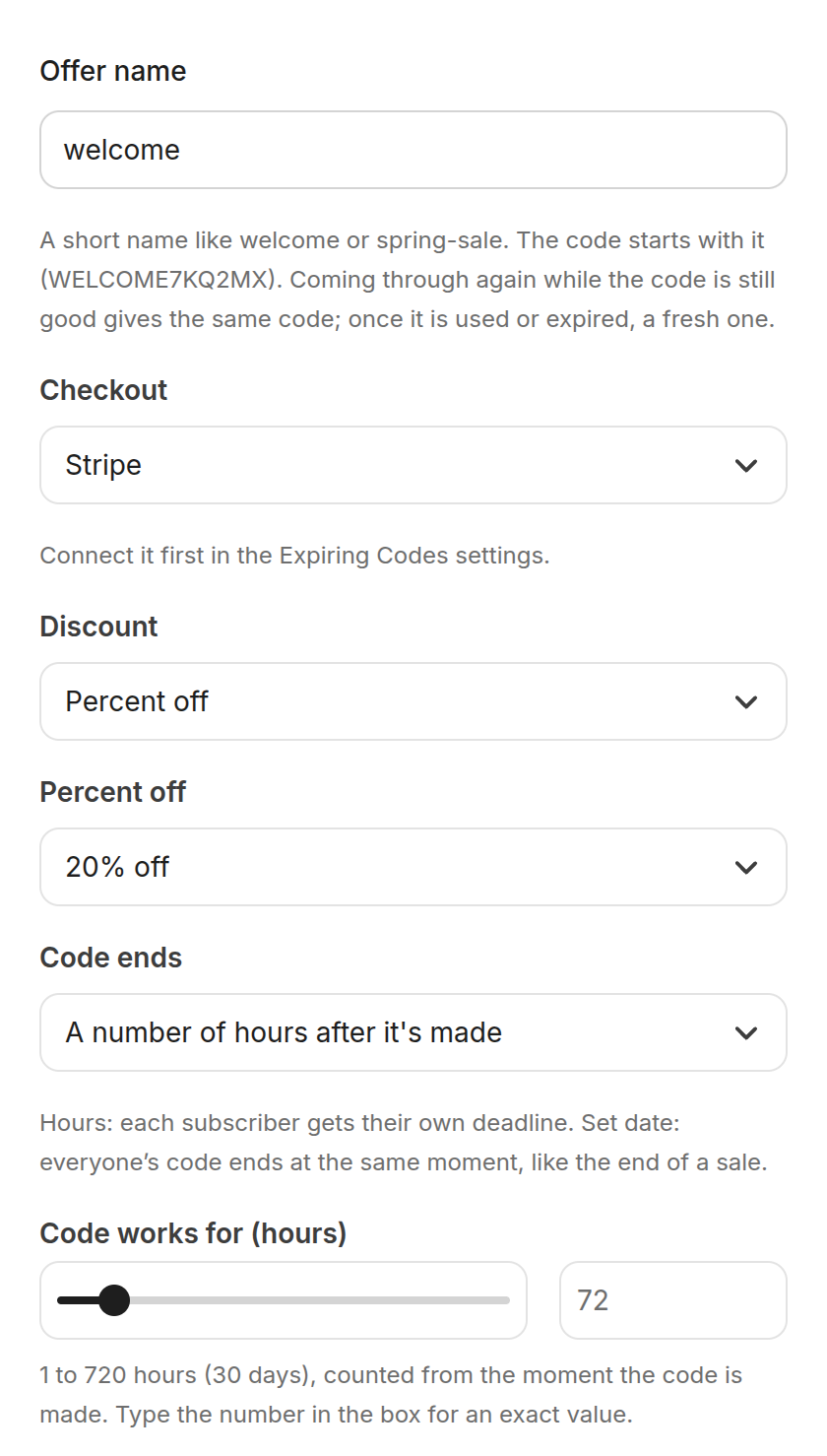 The Expiring offer step in a Kit Visual Automation: offer name, checkout, discount, when the code ends and for how long