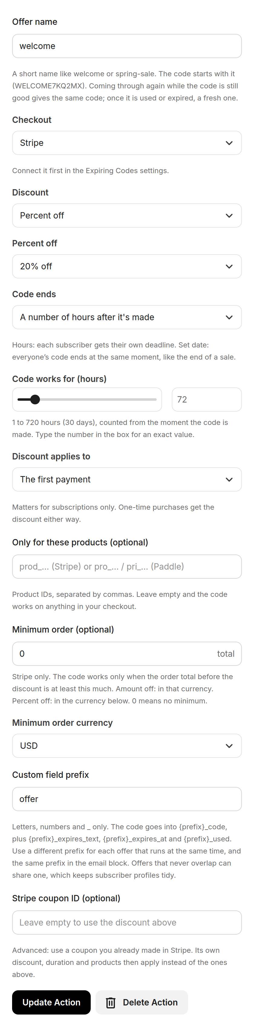 The Expiring offer step and all its settings in a Kit Visual Automation
