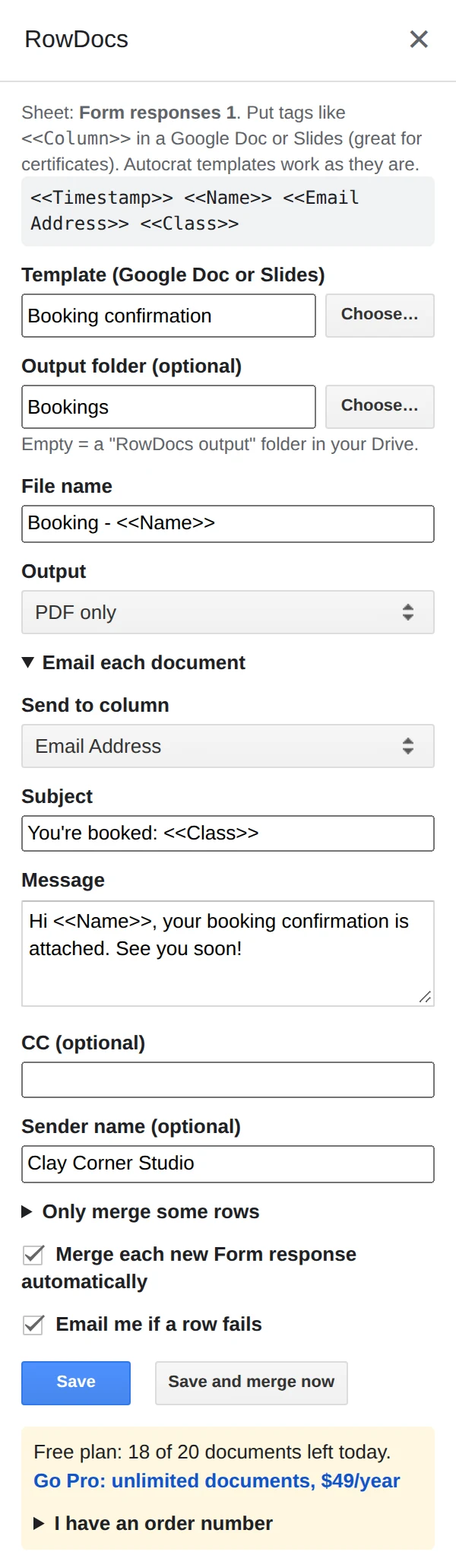The RowDocs side panel set up for booking confirmations sent on each form response