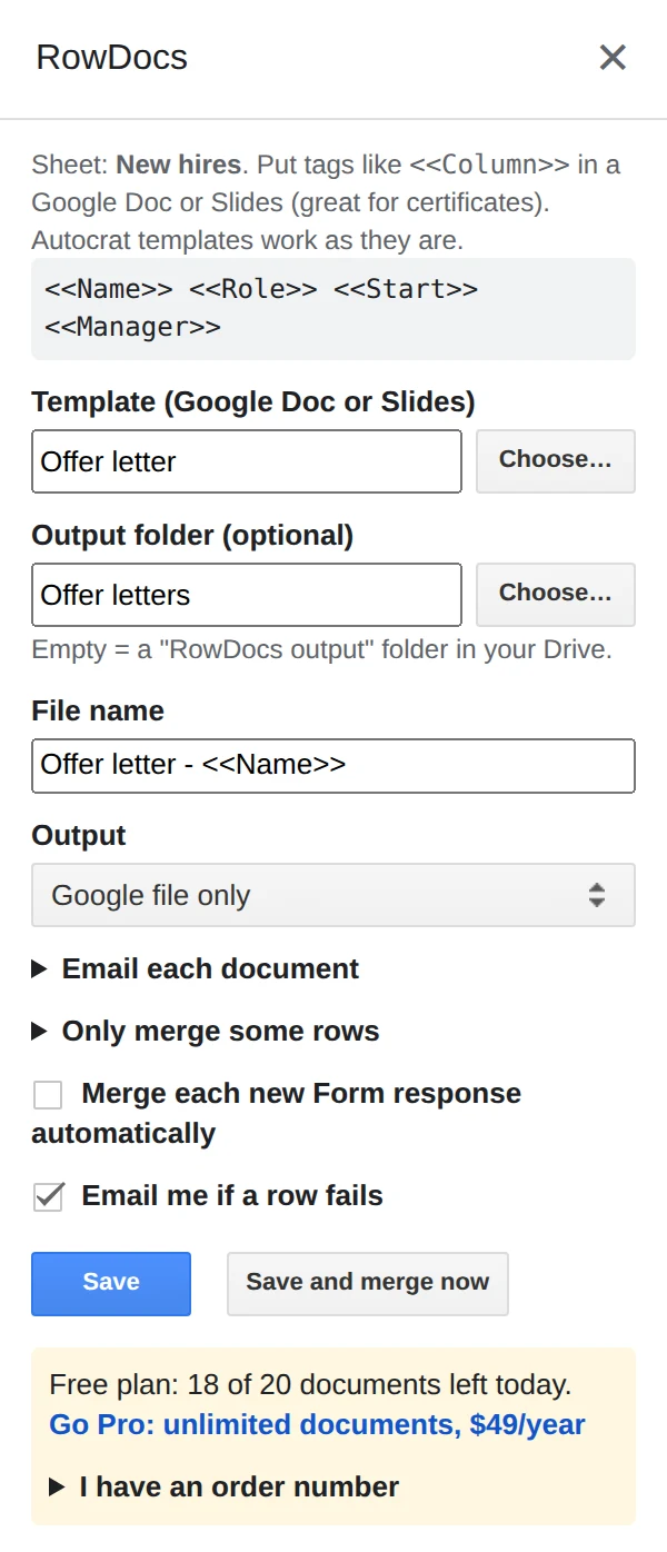 The RowDocs side panel set up for offer letters as editable Google Docs
