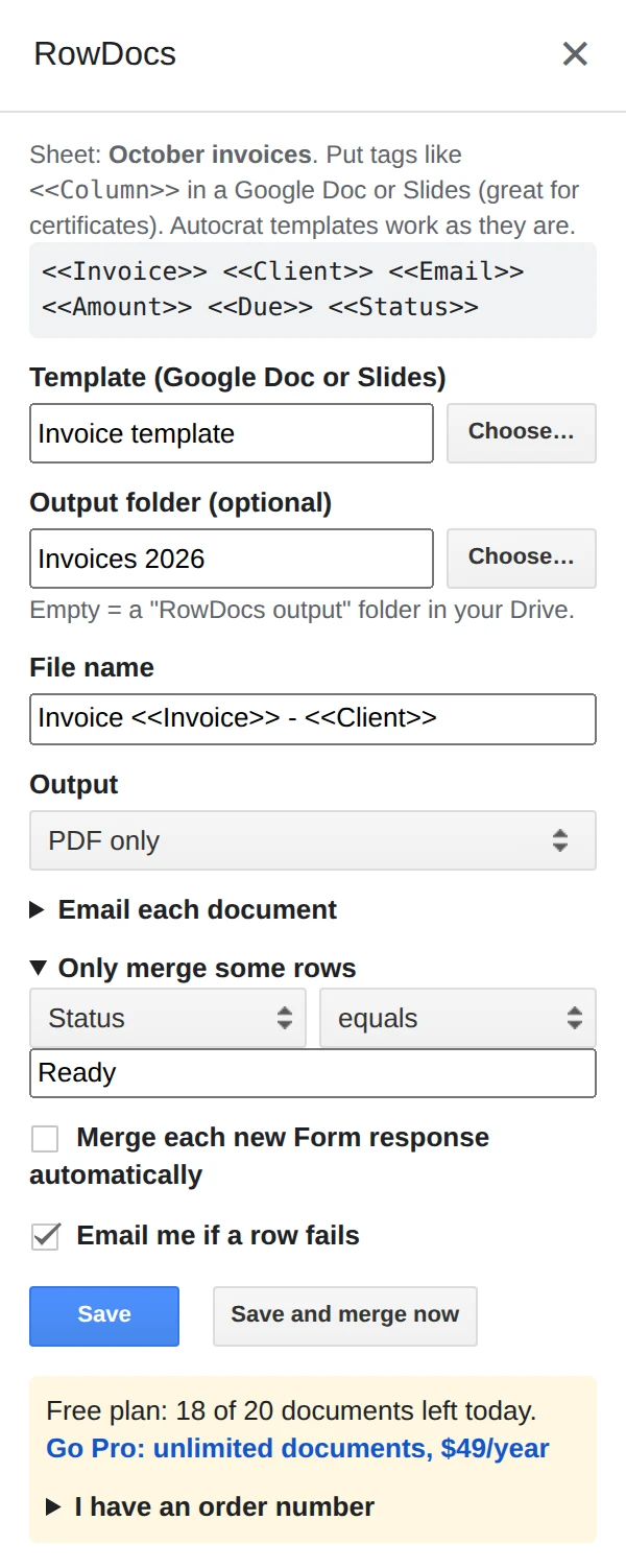 The RowDocs side panel set up for invoices: Status equals Ready