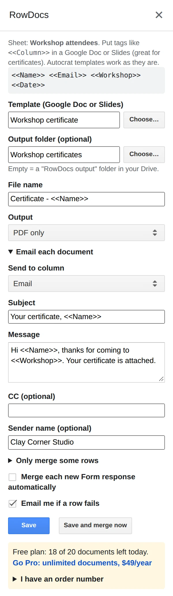 The RowDocs side panel set up for a workshop mail merge with the email filled in