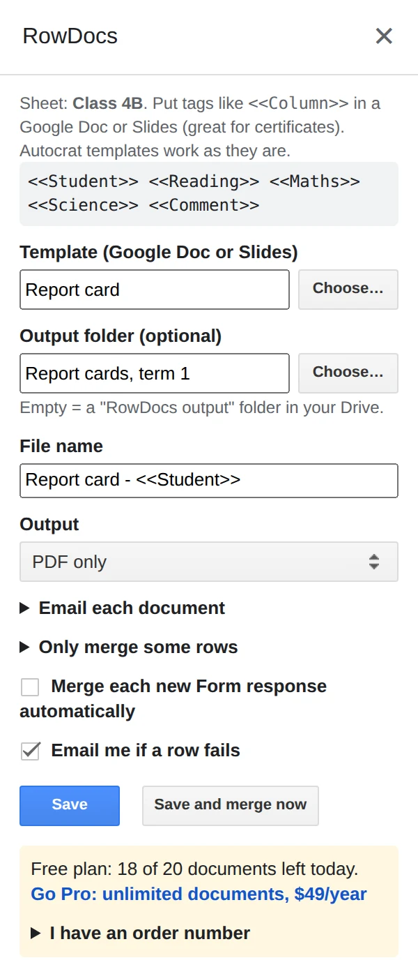 The RowDocs side panel set up for report cards