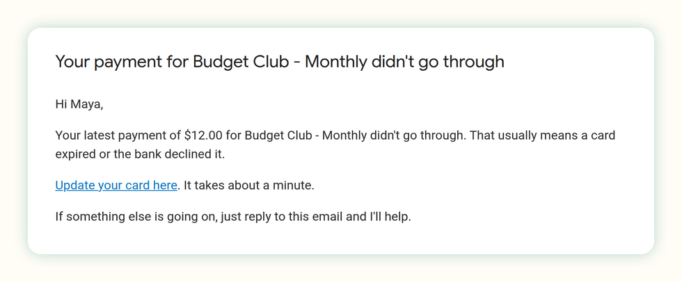 A payment-failed email with the product, amount and an update-card link filled in